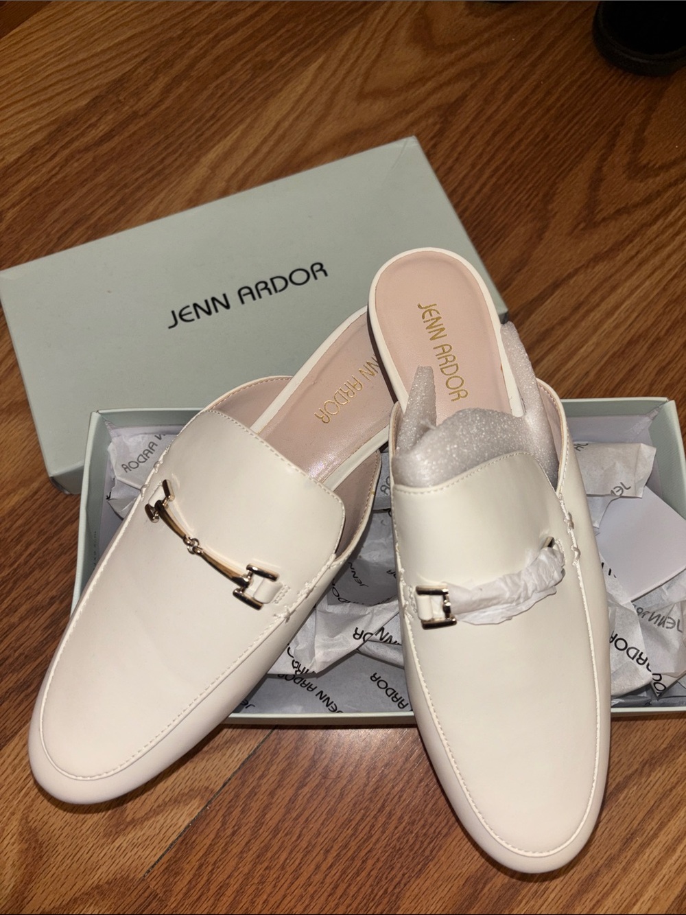 Jenn Ardor Cream Slip-On Leather Mules with Gold Hardware